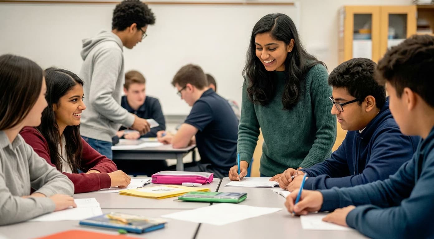 Students working together in a classroom.