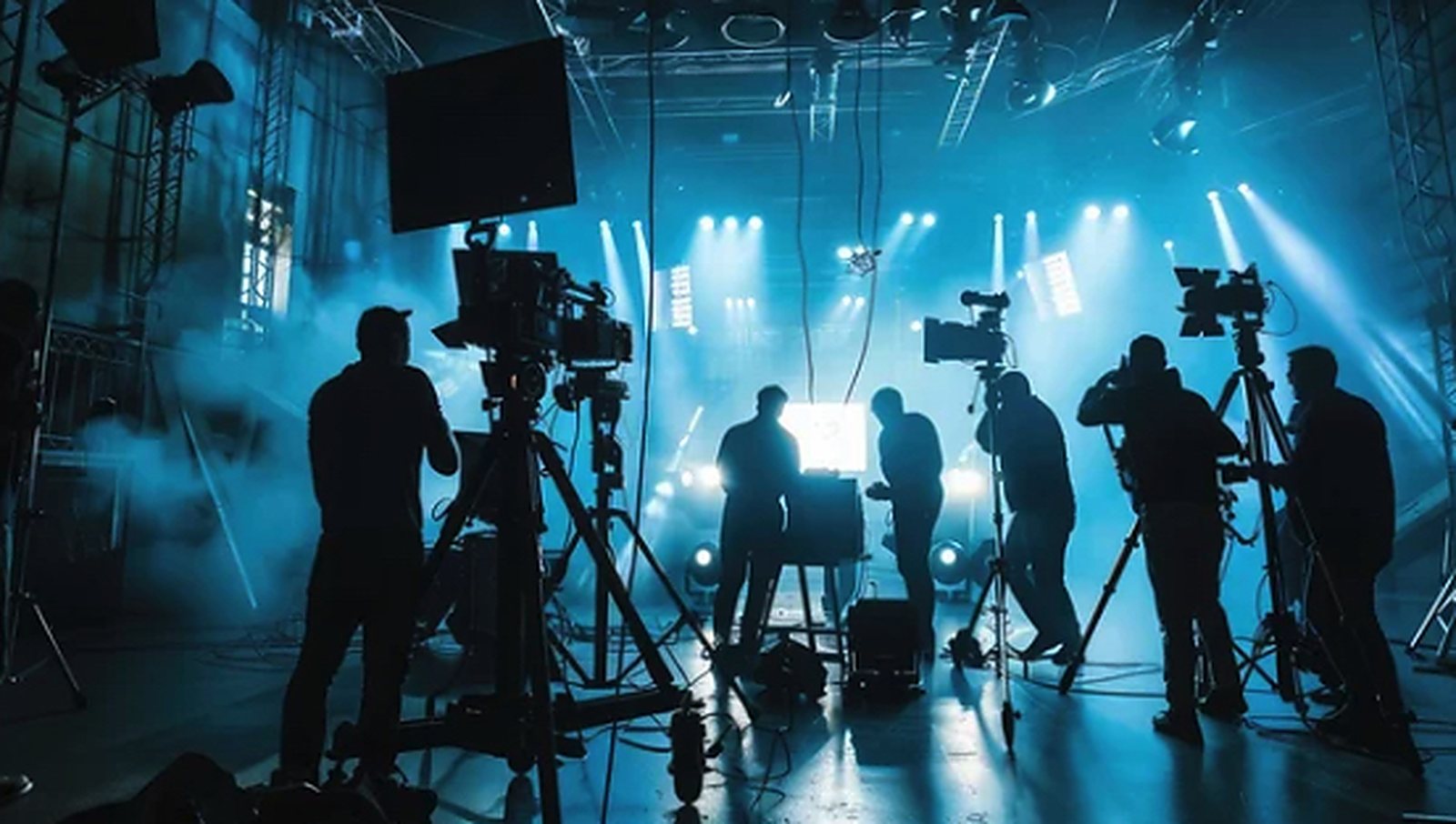 A film crew silhouetted behind cameras and tripods on a smoke-lit studio floor.