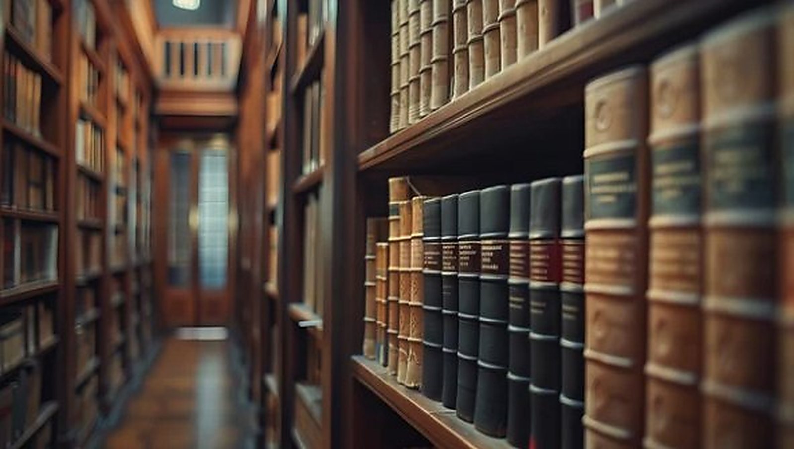 Rows of bound law reports on wooden library shelves.