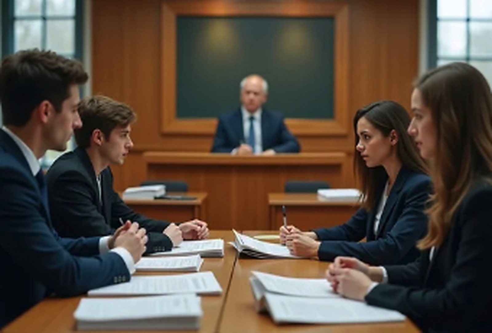 Law students presenting a case across a table in a moot court room.
