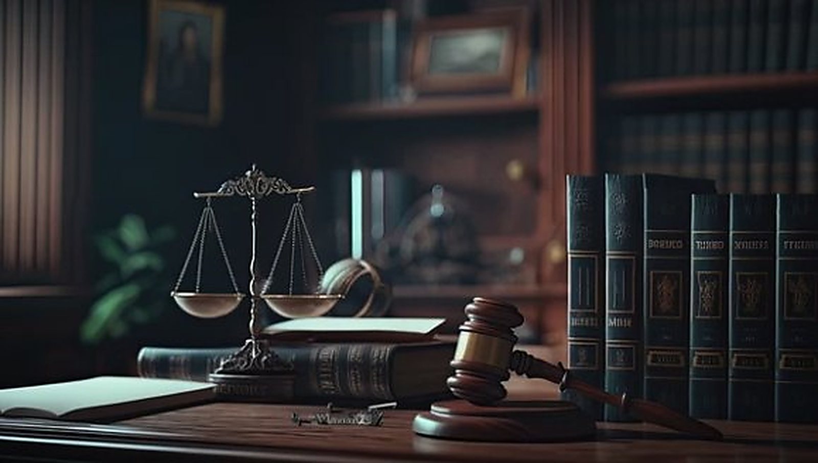 Brass scales and a gavel on a desk beside bound legal volumes.