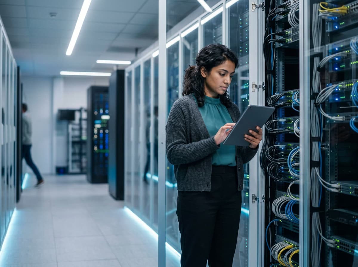 A graduate engineer working with a tablet in a data centre.
