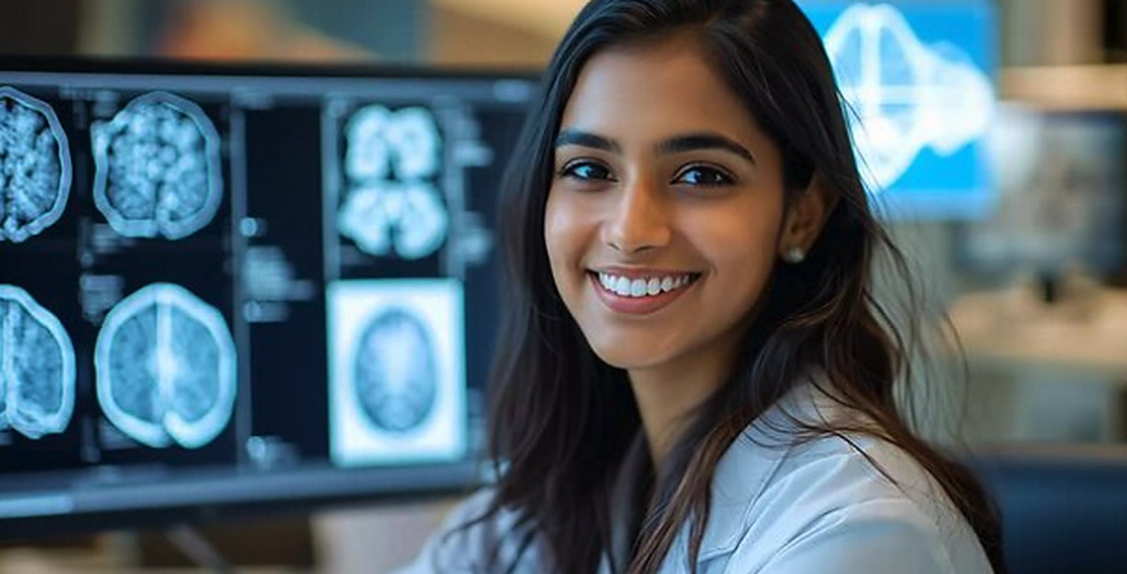 A clinician in a white coat beside reporting monitors showing a series of brain scans.