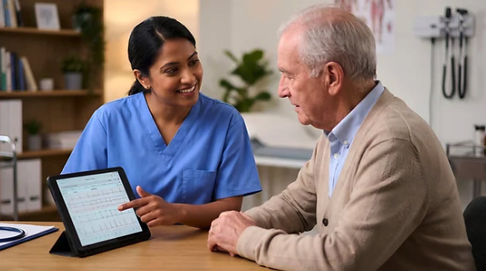A nurse in blue scrubs pointing out a heart trace on a tablet to an older patient across a clinic desk.