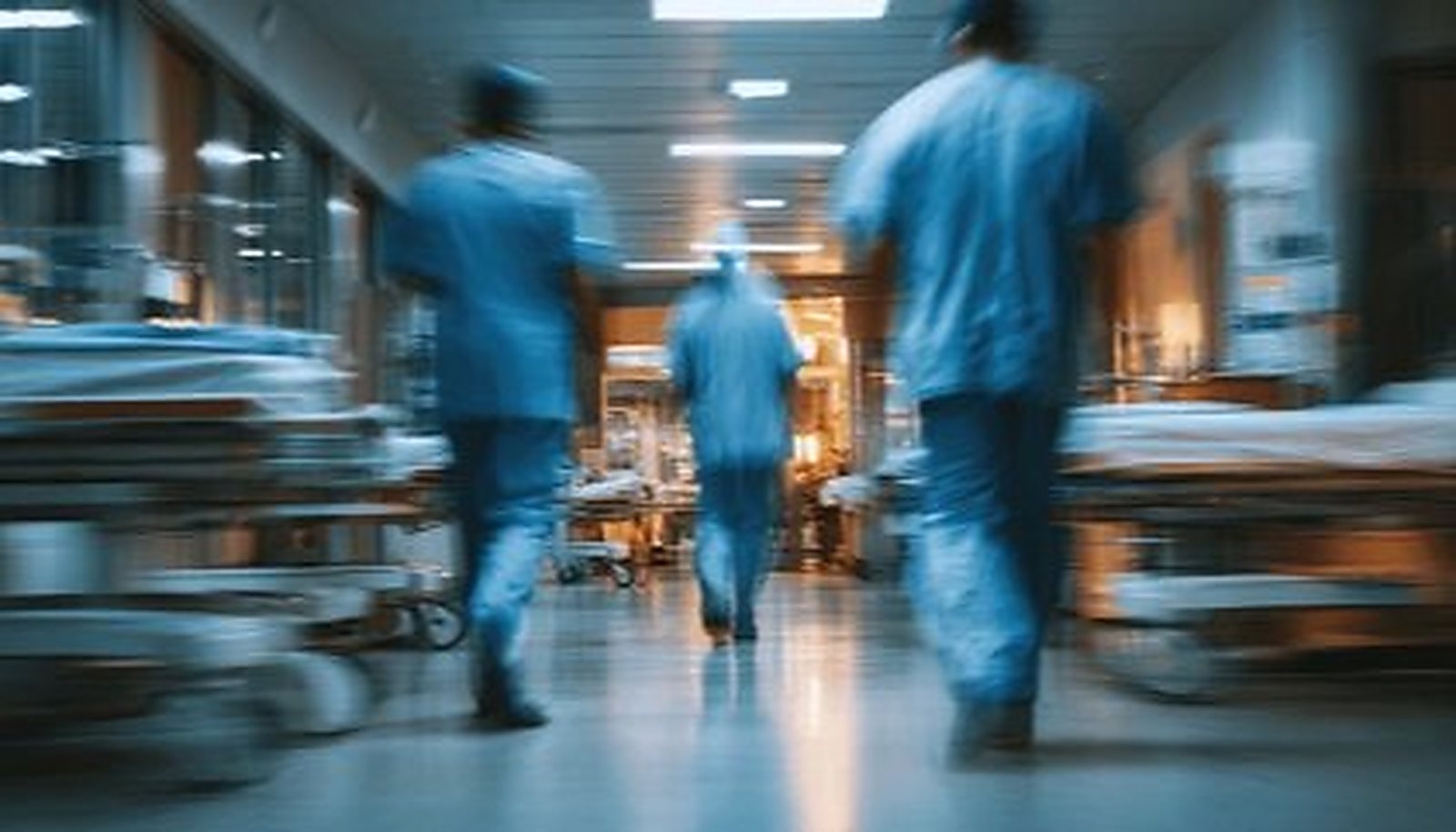 Staff in scrubs moving down a hospital corridor past trolleys, caught in motion blur.