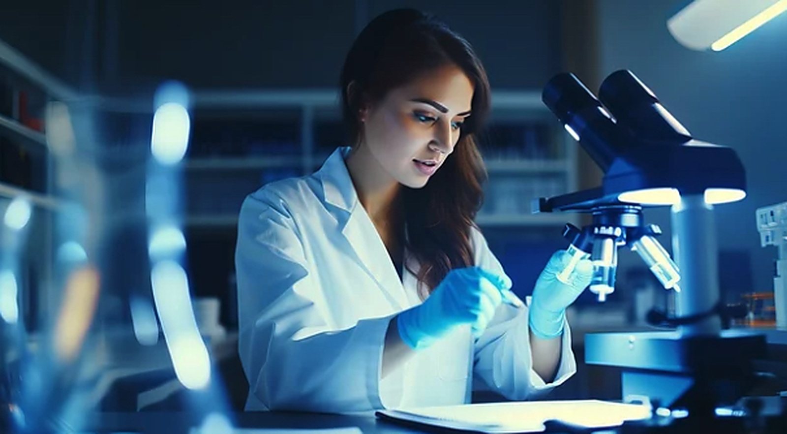 A researcher in a white coat and gloves loading a slide onto a microscope in a dark laboratory.