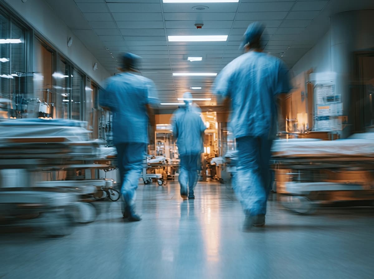 Staff moving through a hospital corridor.