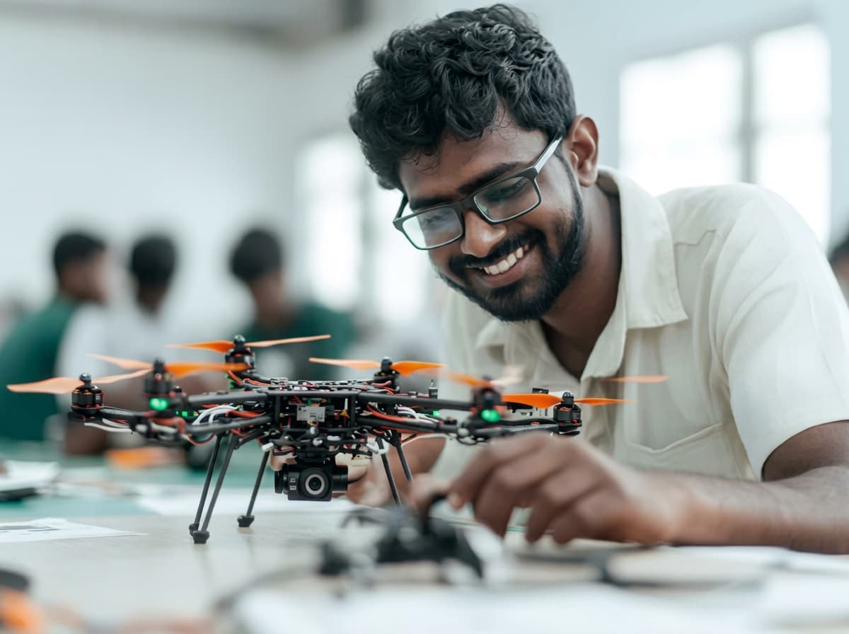 An engineering student smiling while assembling a drone at a workbench.