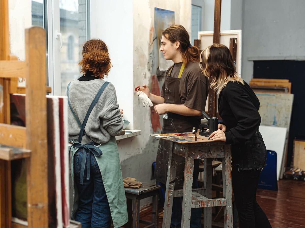 Students painting at easels in a studio.