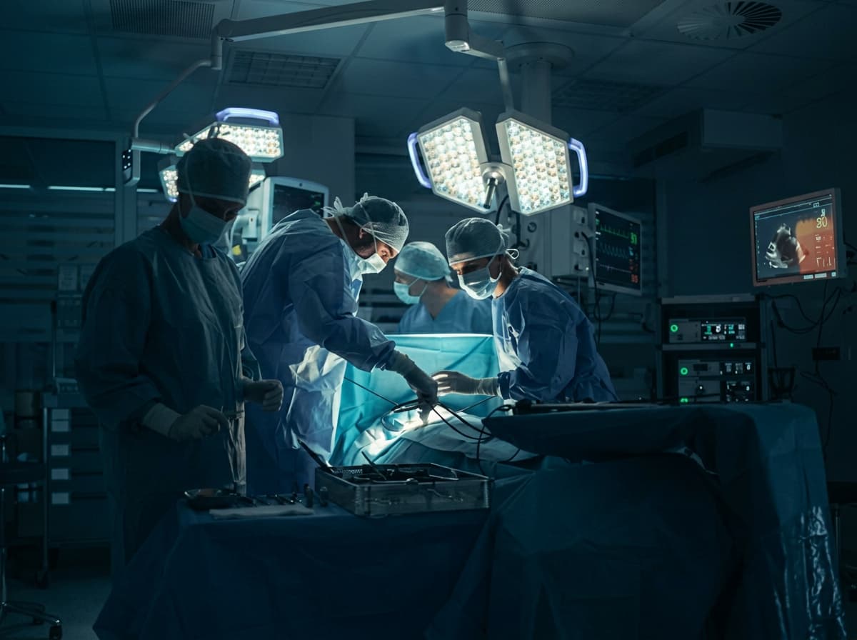 A surgical team working under theatre lights.