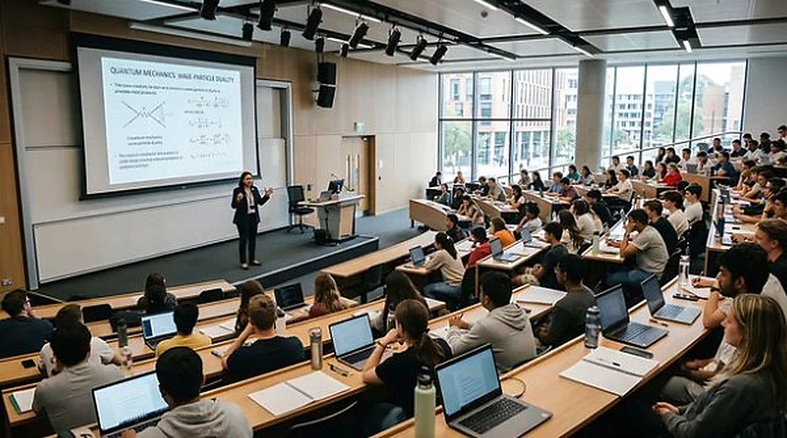 A packed university lecture theatre, students at laptops, a quantum mechanics slide on the screen.