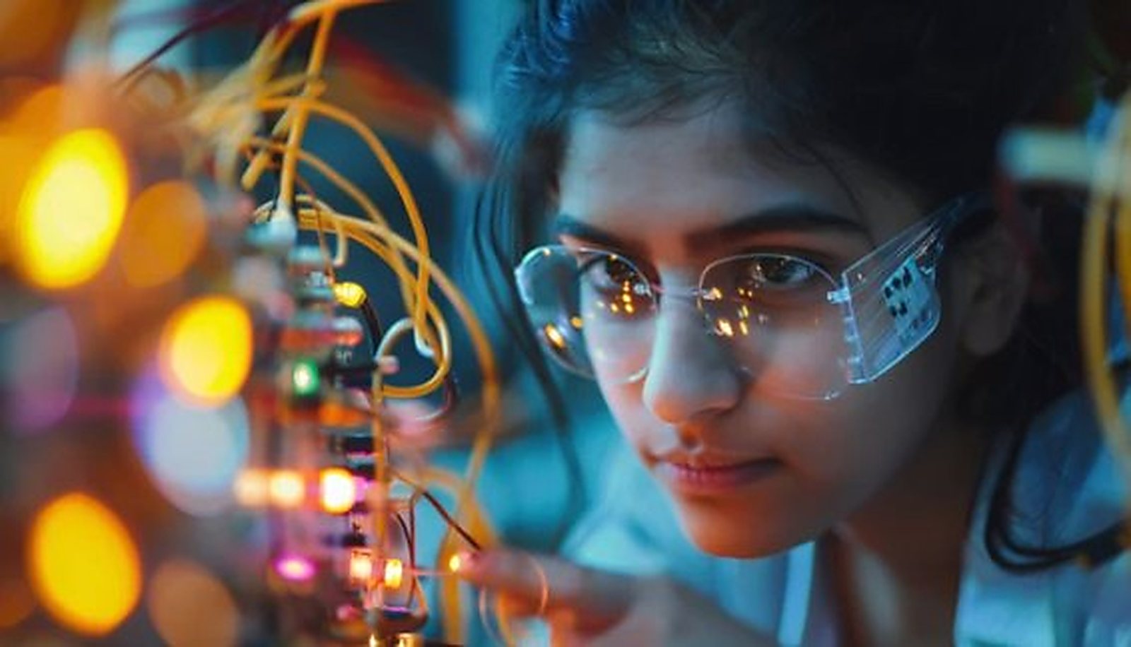 A student in clear safety glasses leaning close to a wired circuit board with lit indicators.