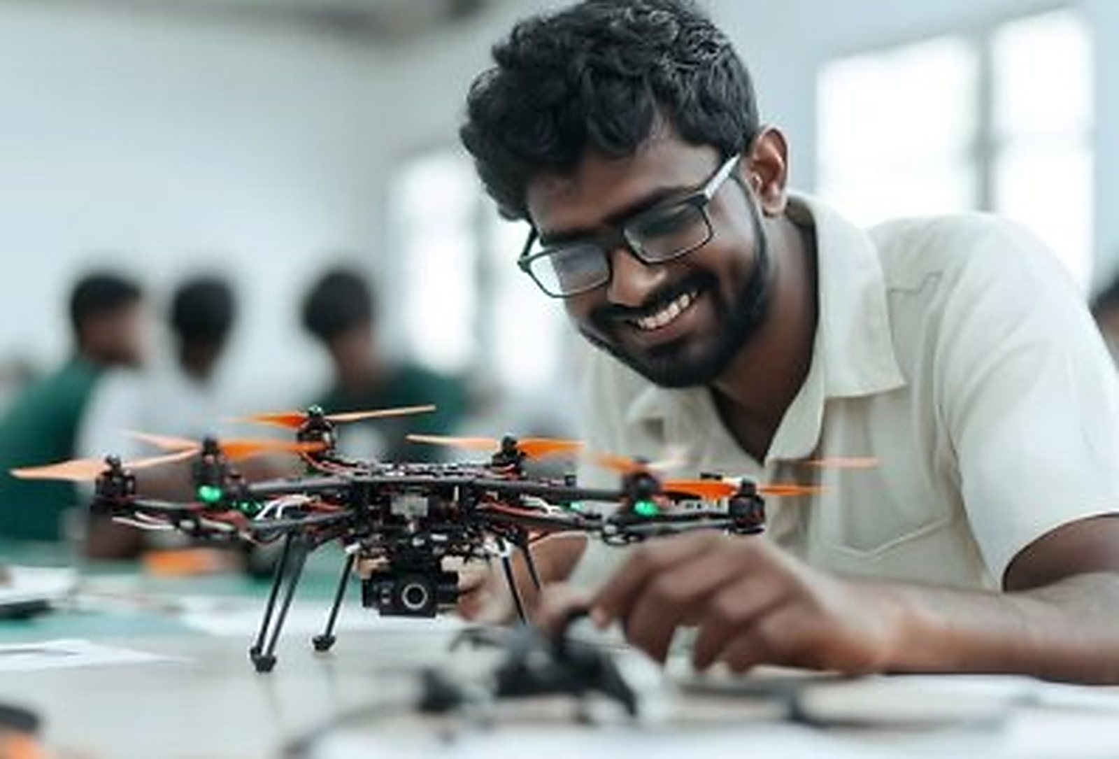 A student assembling a quadcopter drone at a workshop bench while classmates work behind.
