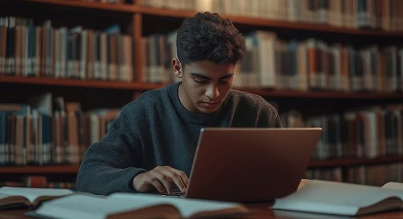 A student working at a laptop between open books in a university library.