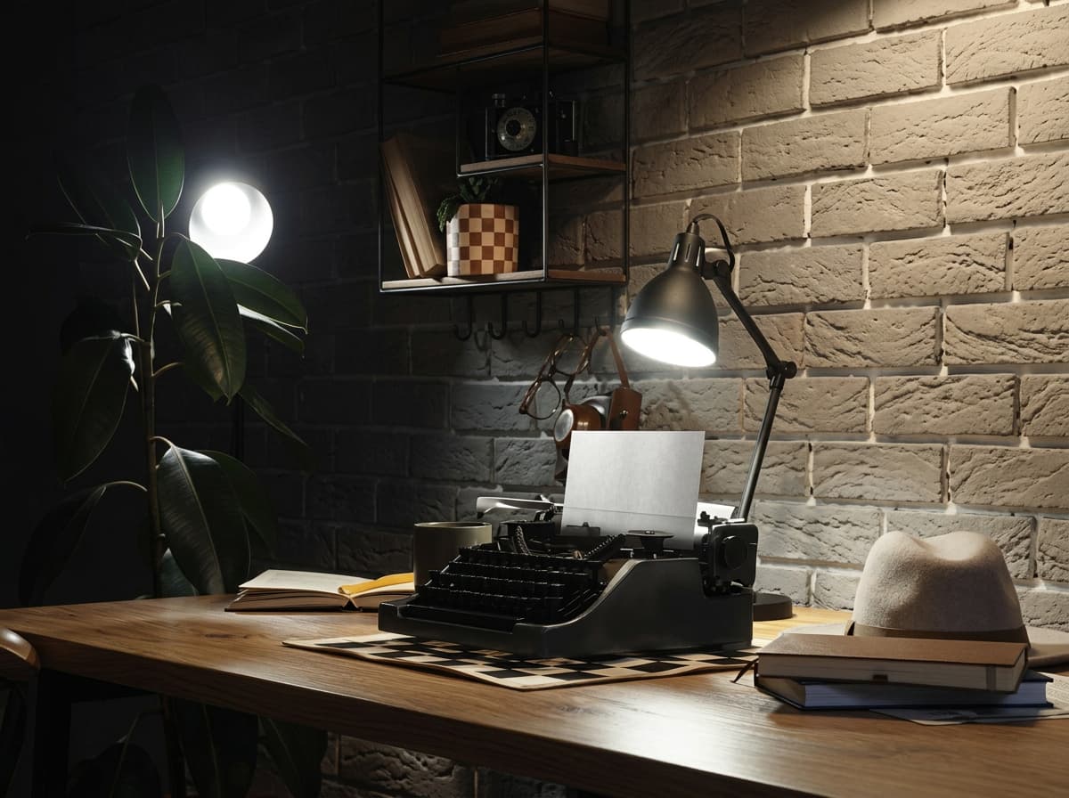 A writer's desk lit by a single lamp at night.