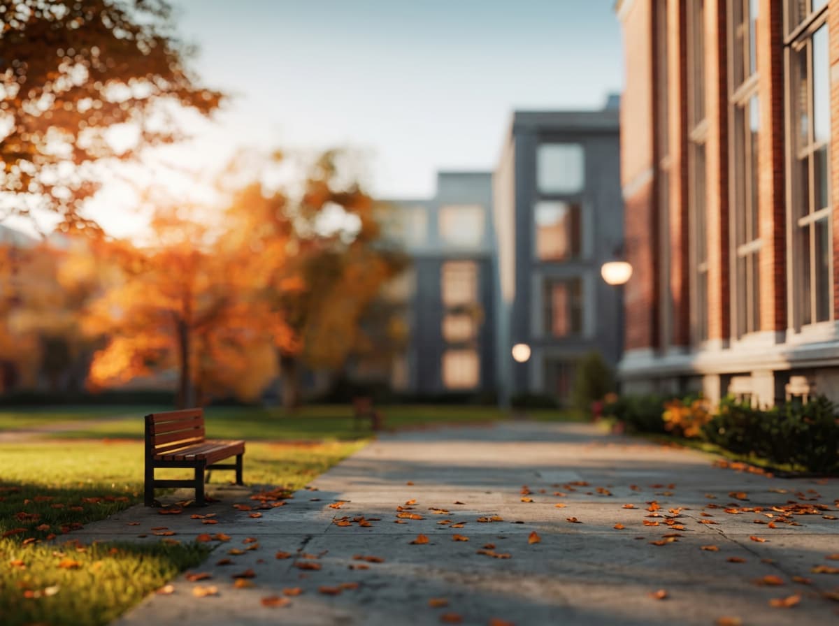 An empty bench on a campus path in autumn, maple leaves on the ground and low sun behind the trees.