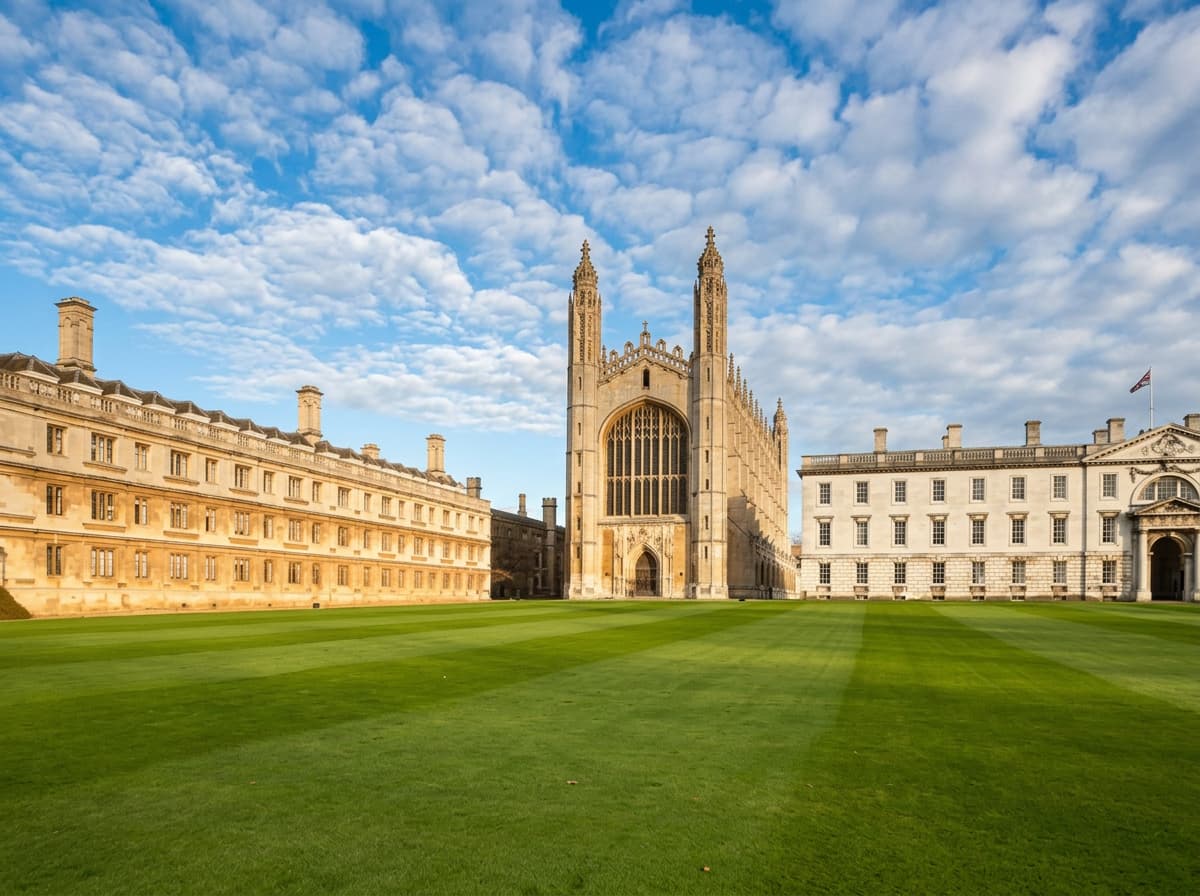King's College Chapel in Cambridge with a Union Jack flying and open lawns in front.