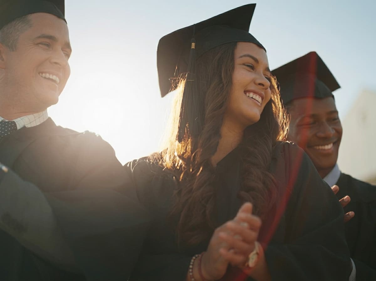 Three graduates laughing together in cap and gown, backlit by a low sun.