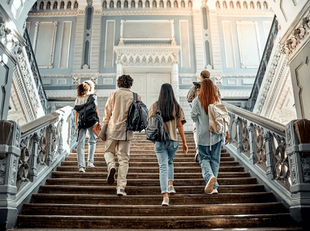 Students climbing a grand ornate staircase together.