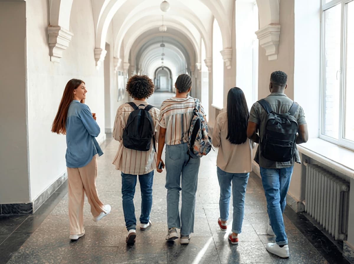 Students walking down a bright corridor, one turning back to smile.