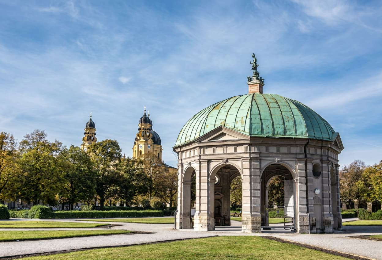 The Dianatempel pavilion in Munich's Hofgarten with the Theatinerkirche towers behind.