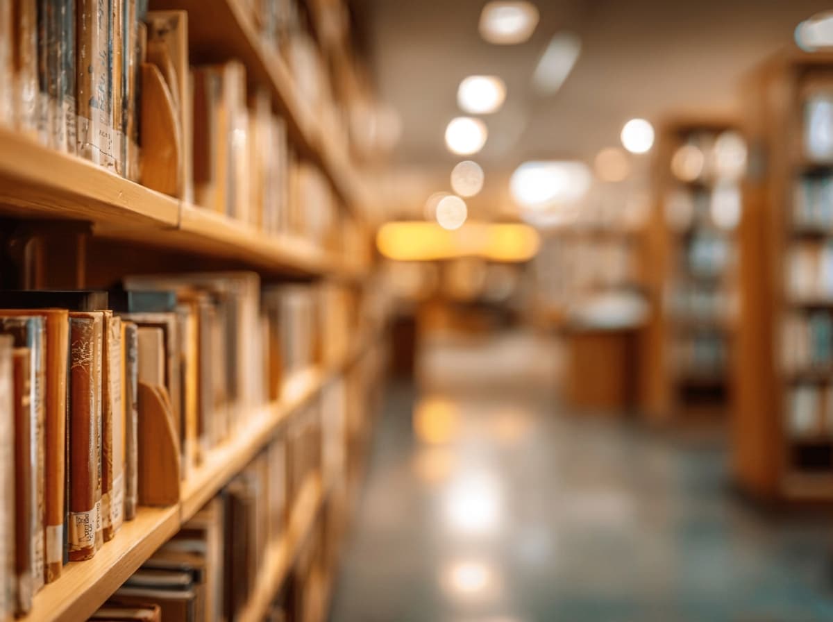 Library shelves of hardback books receding out of focus.