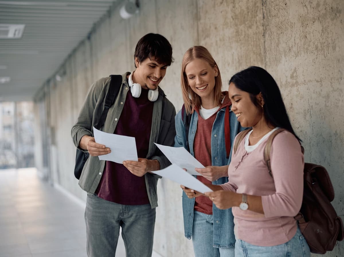 Three students reading printed documents together in a university corridor.
