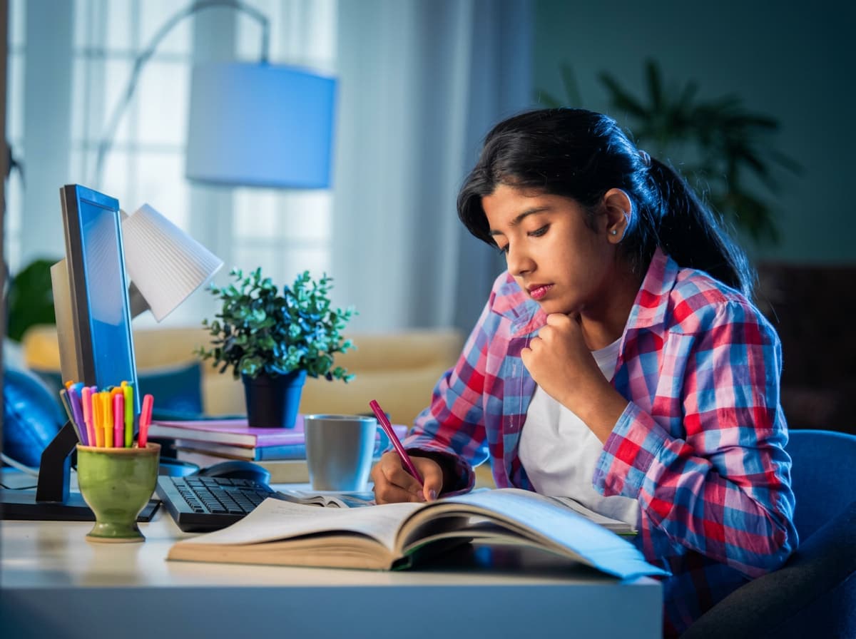 A student working through a textbook at a home desk in the evening.
