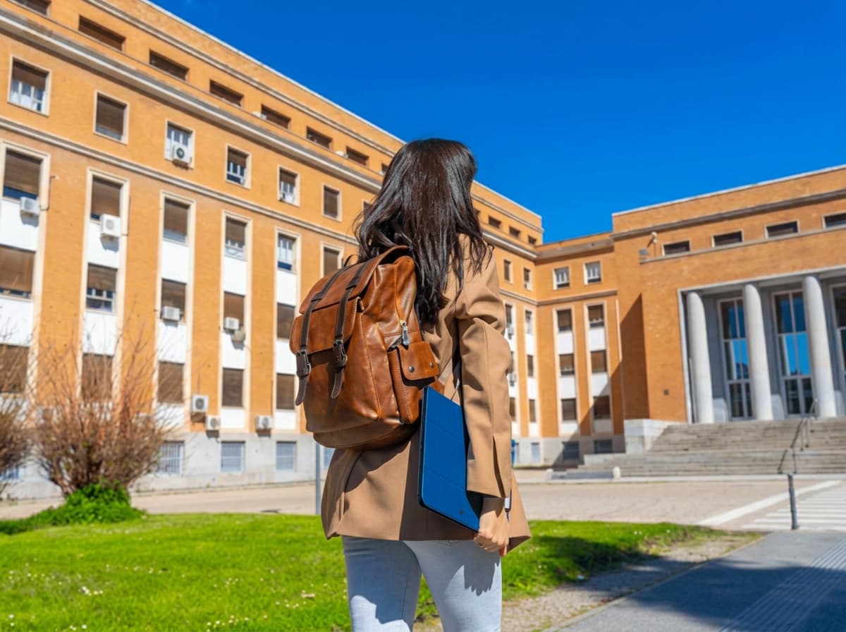 A student walking toward a modernist ochre-brick faculty building under a clear sky.