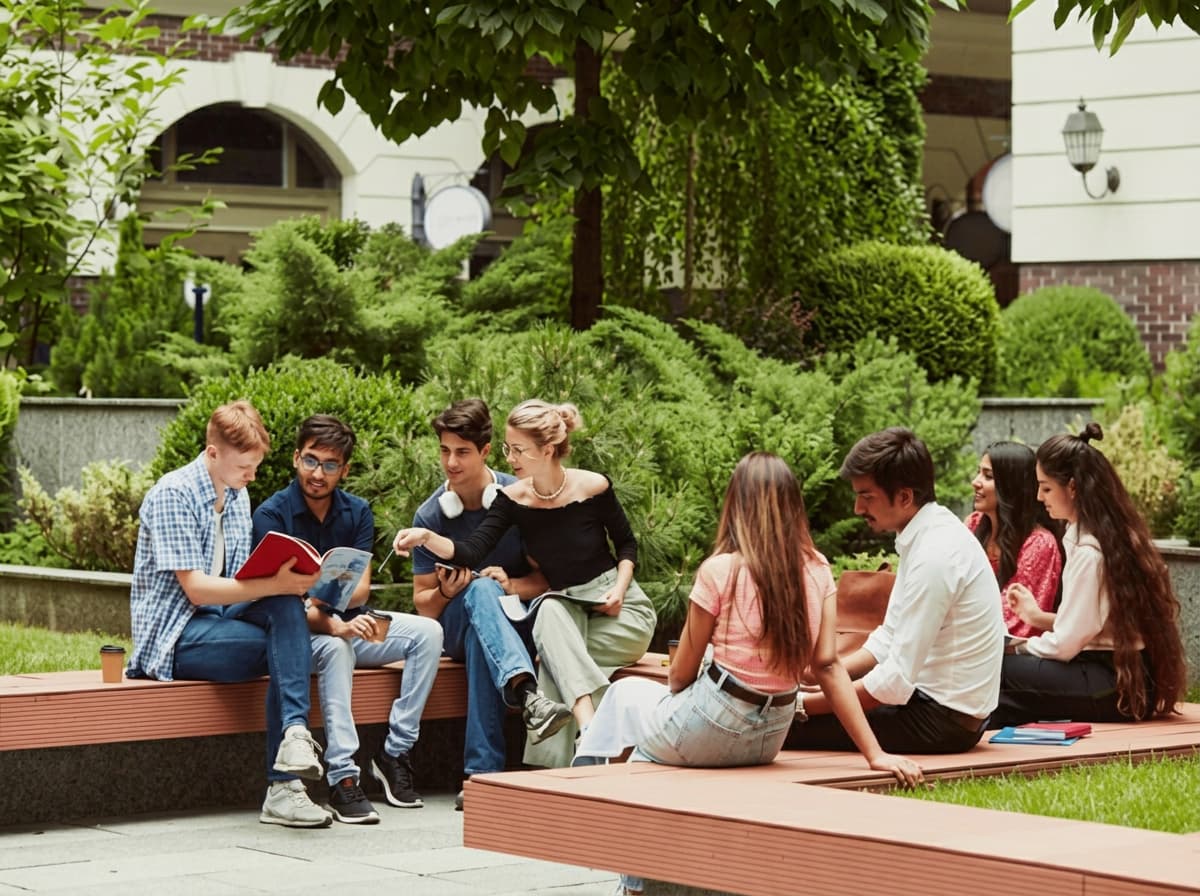 Students sitting and talking in small groups on wooden benches in a campus courtyard.