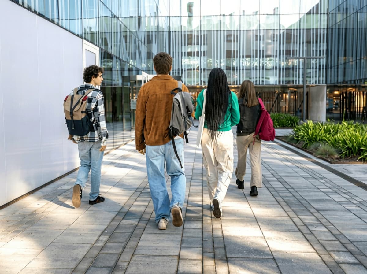 Four students walking along paving beside a modern building with a mirrored glass facade.