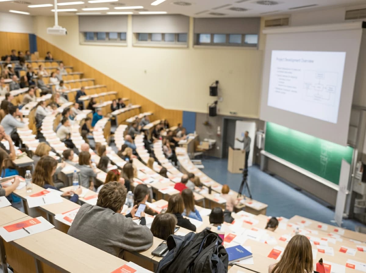 A tiered lecture theatre with a green chalkboard, students seated at long beech desks.