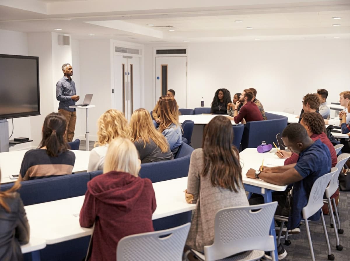 Students taking part in a seminar room discussion.