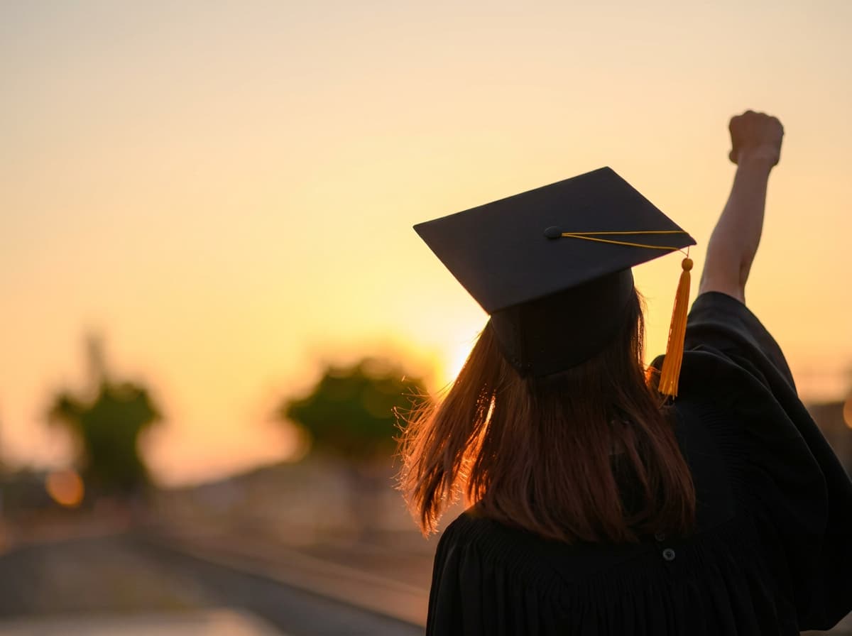 A graduate raising a fist against a golden sunset sky.