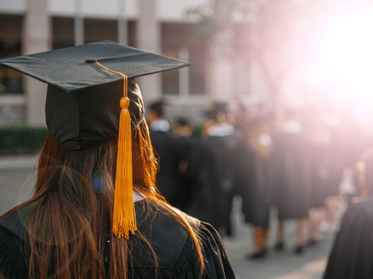 A graduate in a cap with a gold tassel seen from behind, with rows of graduates blurred beyond.
