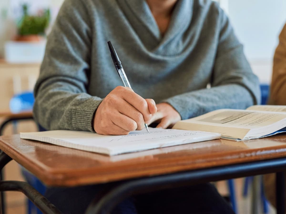 A student writing in a ruled notebook beside an open textbook.