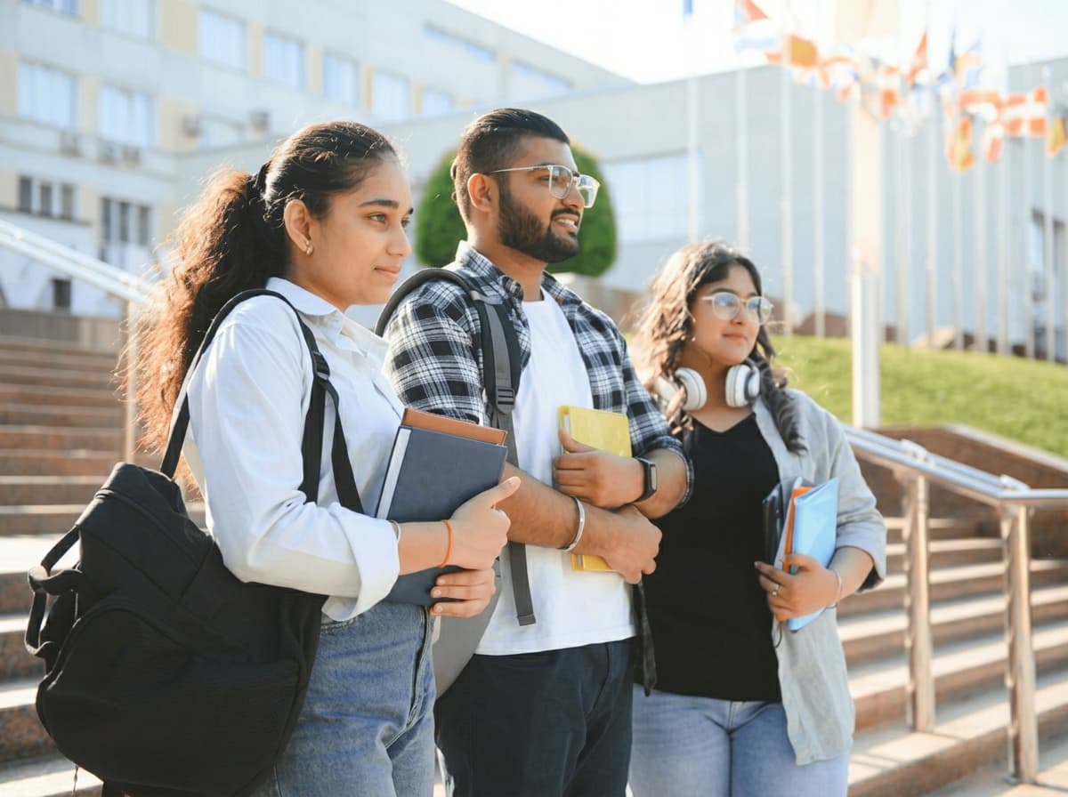 Three Indian students carrying books and backpacks walking together past a row of international flagpoles.