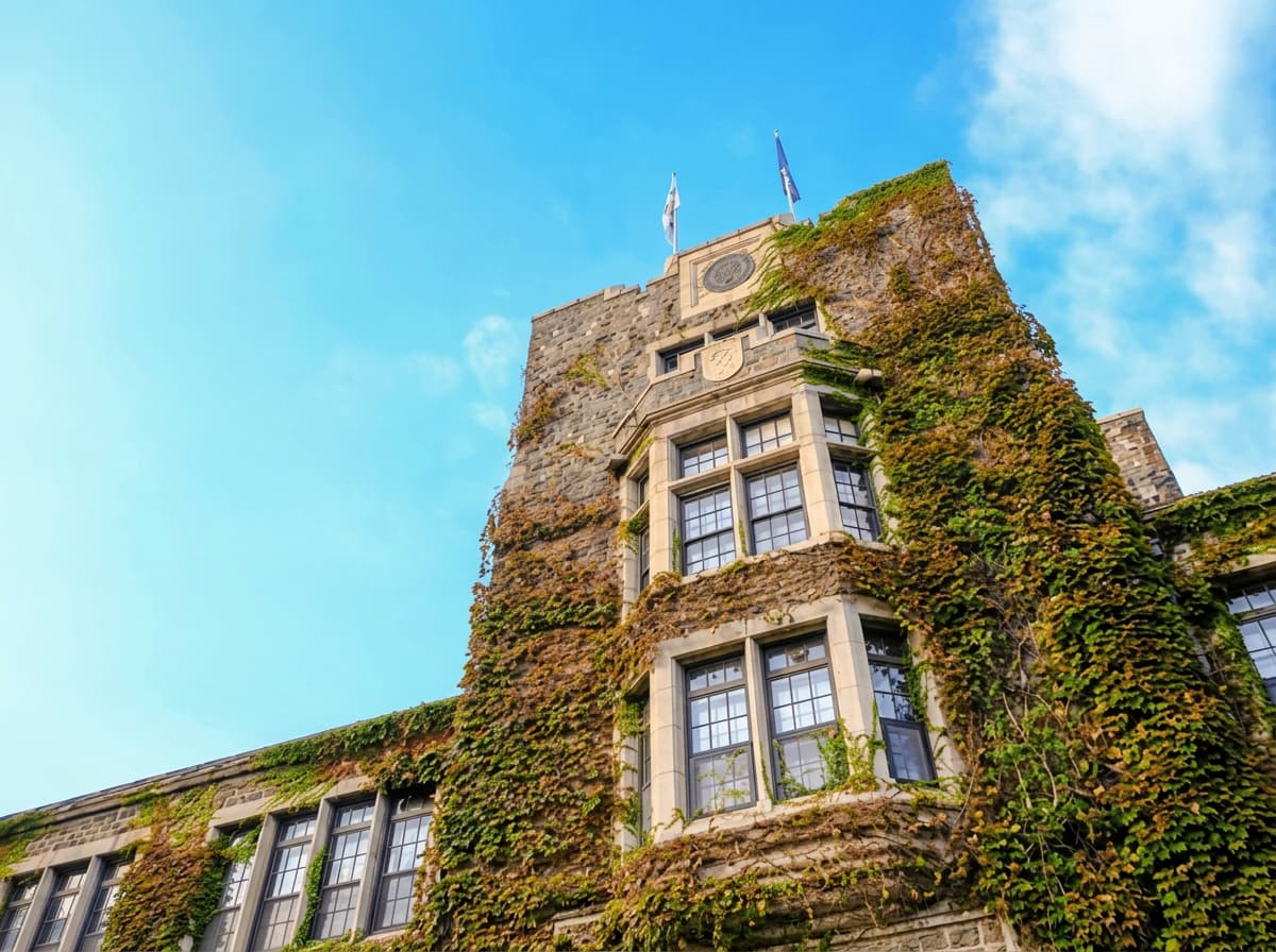 An ivy-clad stone campus tower flying two pennants against a clear blue sky.