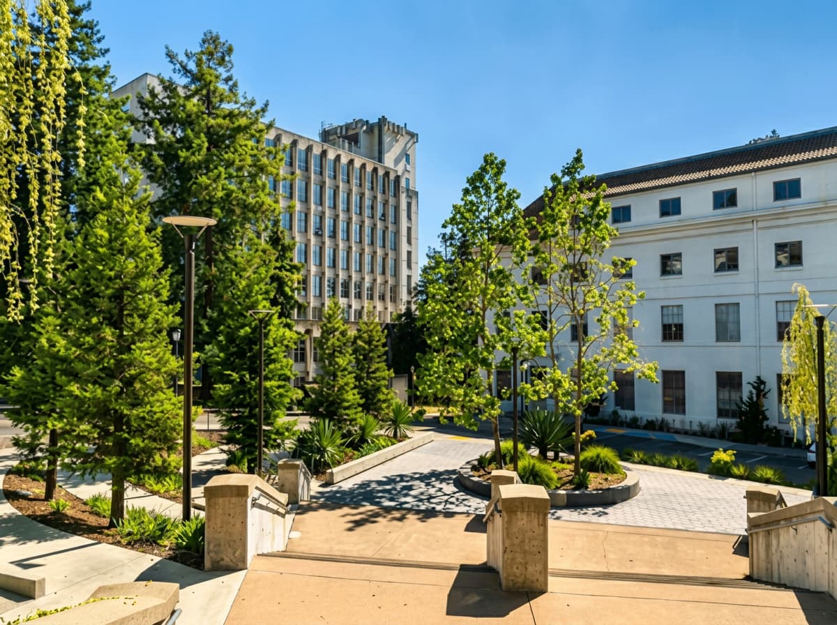 A modern campus courtyard of white concrete, young trees and agaves under hard sunlight.