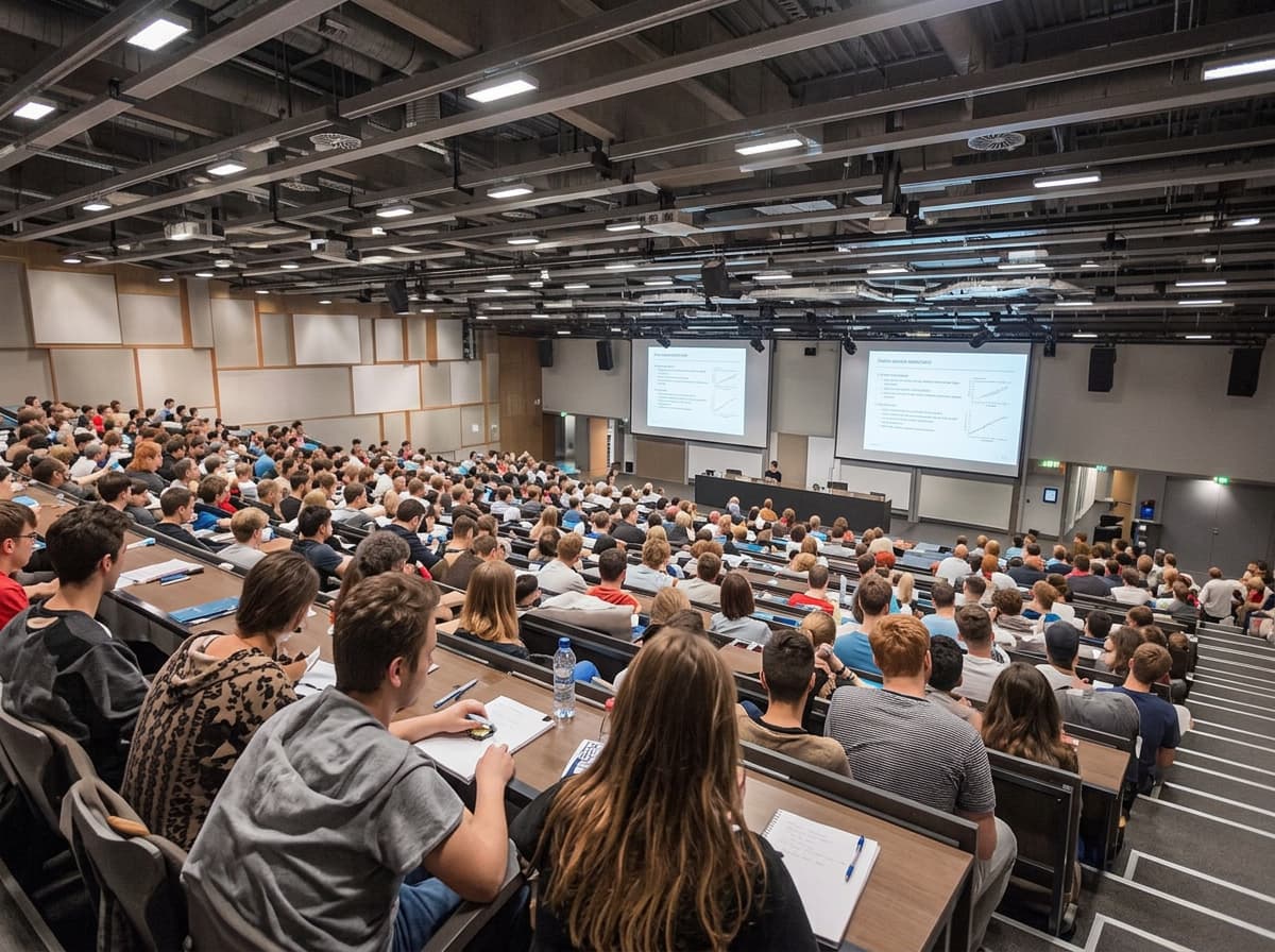 A large raked lecture theatre filled with students facing twin projection screens.