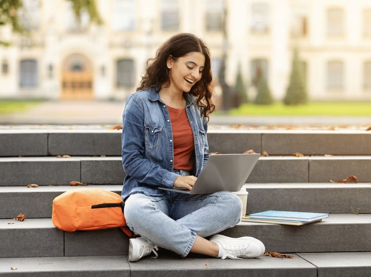 A student sitting cross-legged on campus steps working on a laptop beside an orange backpack.