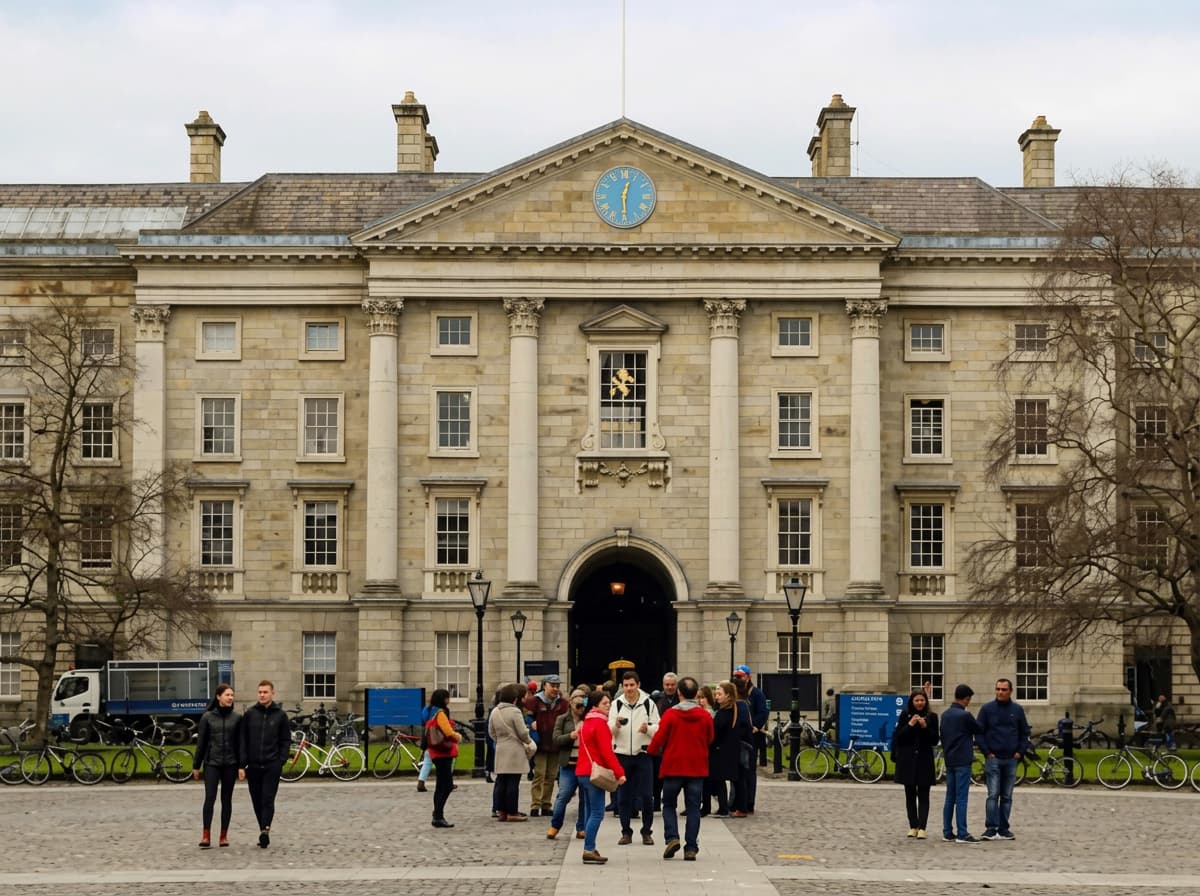A cobbled university square in Dublin with a blue and gold clock and ranks of bicycles.