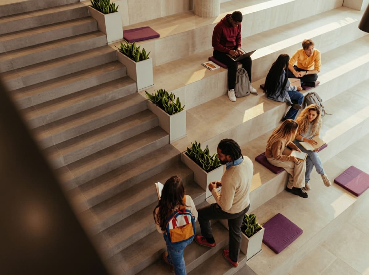 Students studying together on wide indoor amphitheatre steps.