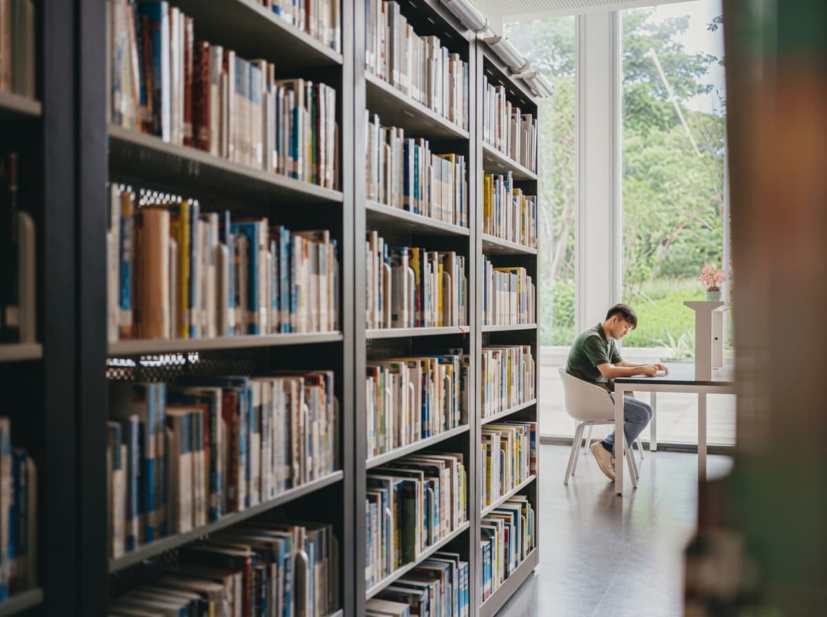A student studying alone in a quiet library aisle by a window.