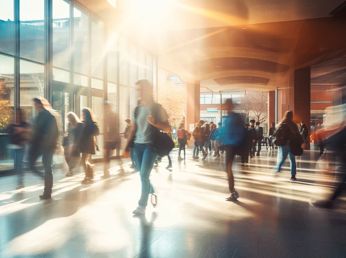 Students arriving through a bright university lobby in morning light.