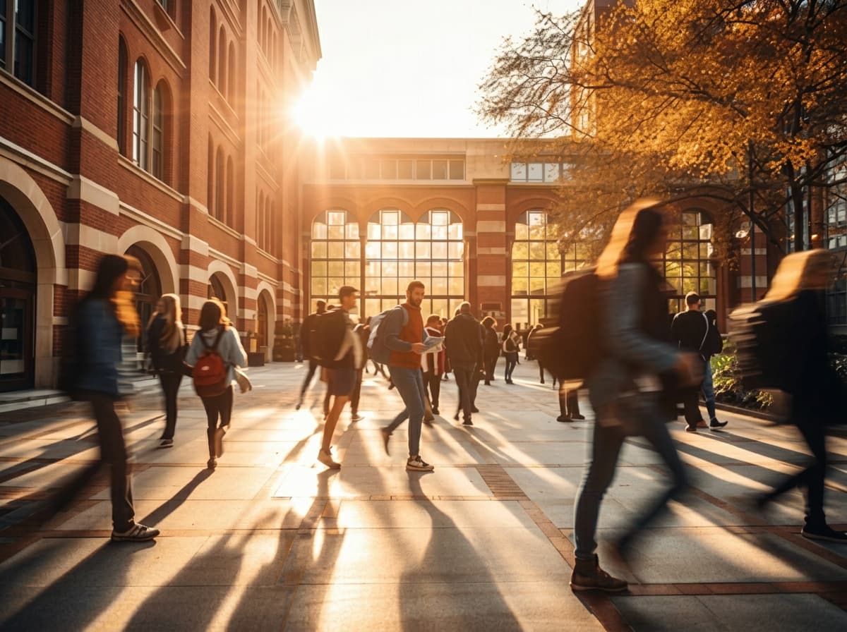 Students crossing a red-brick university campus at golden hour.
