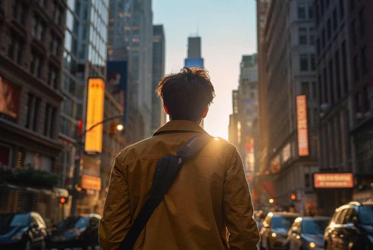 A student looking out over a city street at golden hour.
