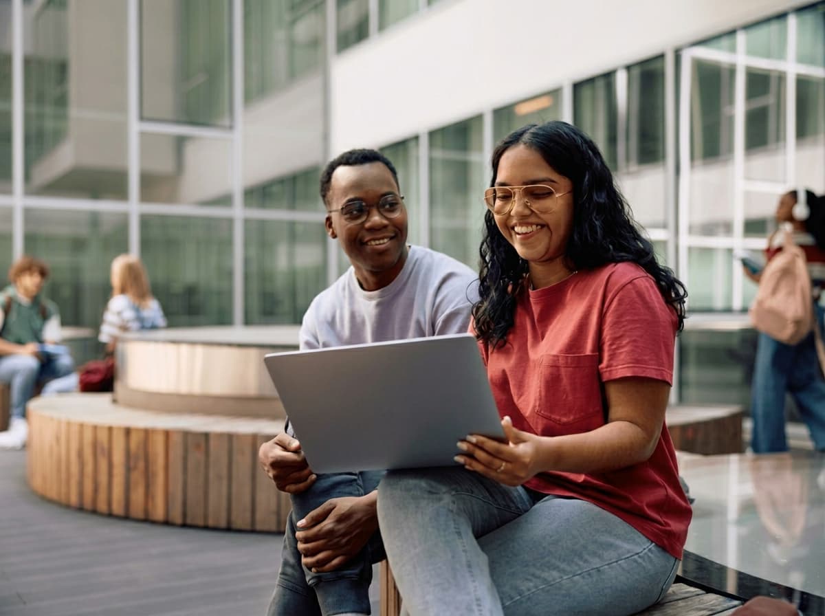 Two students reviewing a postgraduate application on a laptop outdoors.