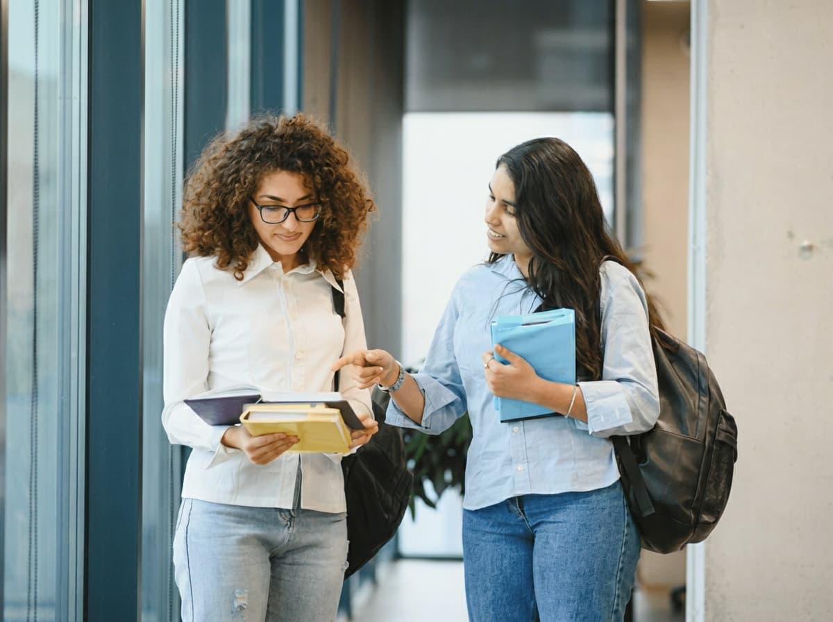 Two students comparing course options in a university corridor.