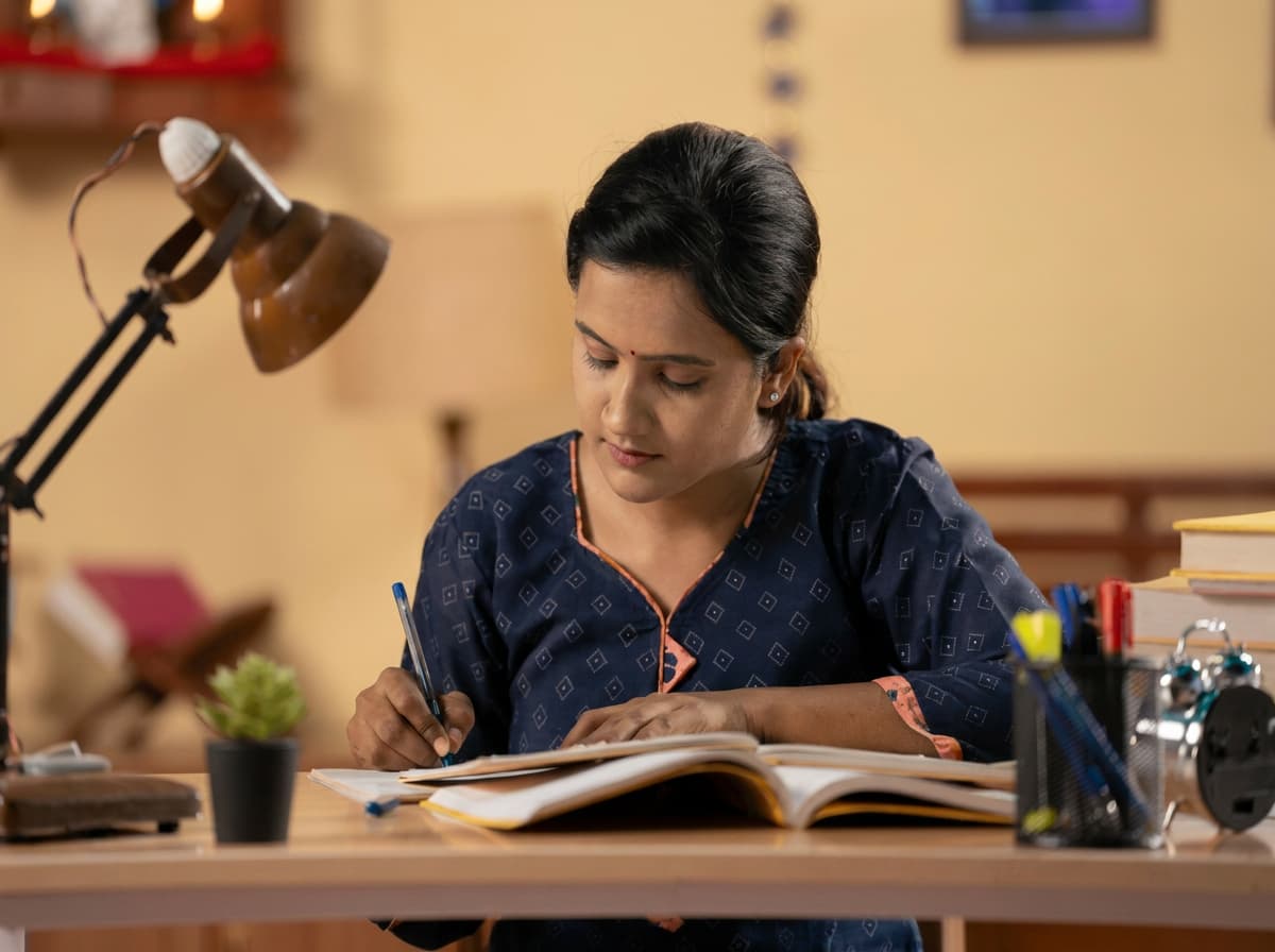 A student working at a desk under a lamp, planning study costs.